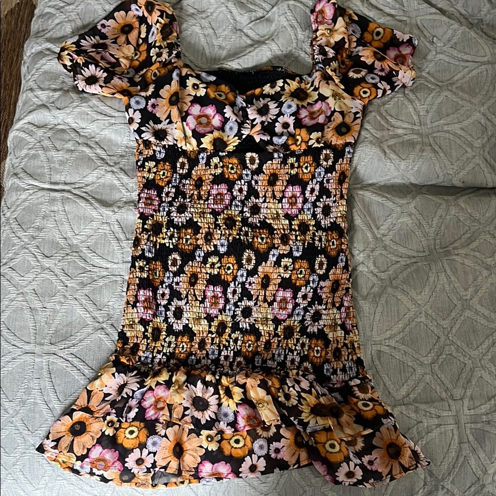 Orange Ruched Ruffled Off-the-Shoulder Mini Dress